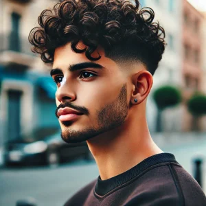 A fashionable Latino man with voluminous curly hair showcasing a Curly Edgar Haircut with a clean fade on the sides, captured outdoors in natural light.