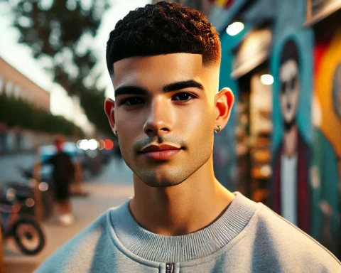 A young Latino man standing confidently in an urban street with a modern Edgarhaircut featuring clean fades and a sharp fringe, embracing cultural style.