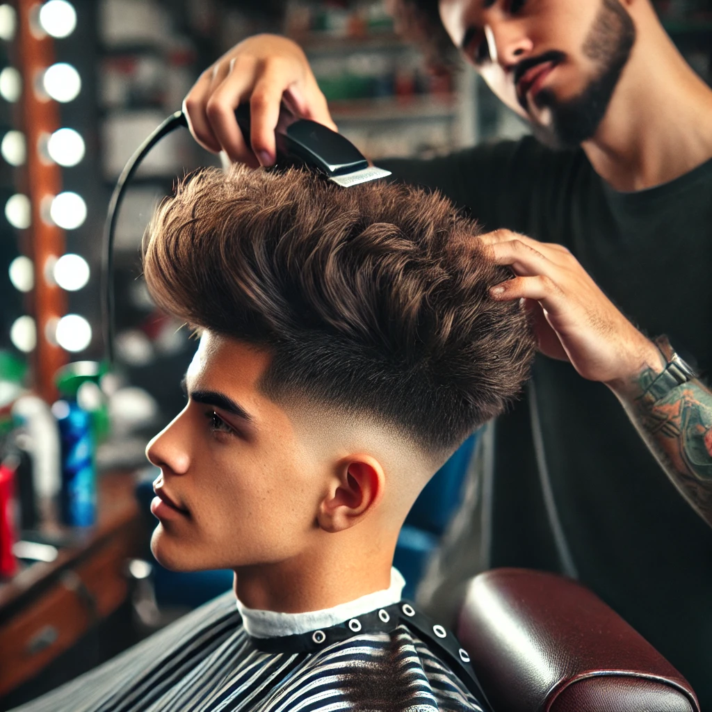 A young Latino man receiving a Fluffy Edgar Haircut with a voluminous top and faded sides while sitting in a modern barbershop, mid-haircut with the barber styling carefully.