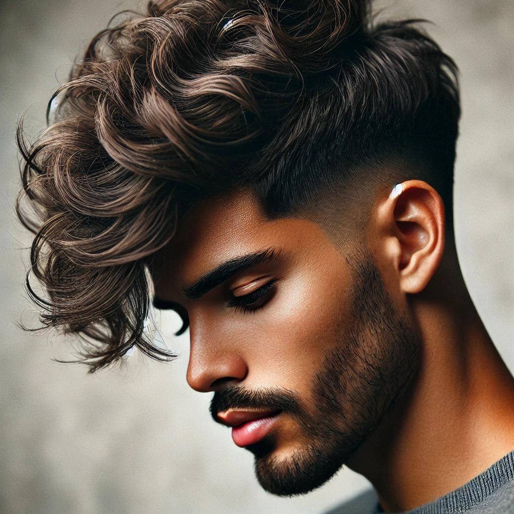 A close-up of a Latino man wearing a Classic Fluffy Edgar Cut with thick, layered, voluminous hair on top and clean faded sides, captured against a neutral background.
