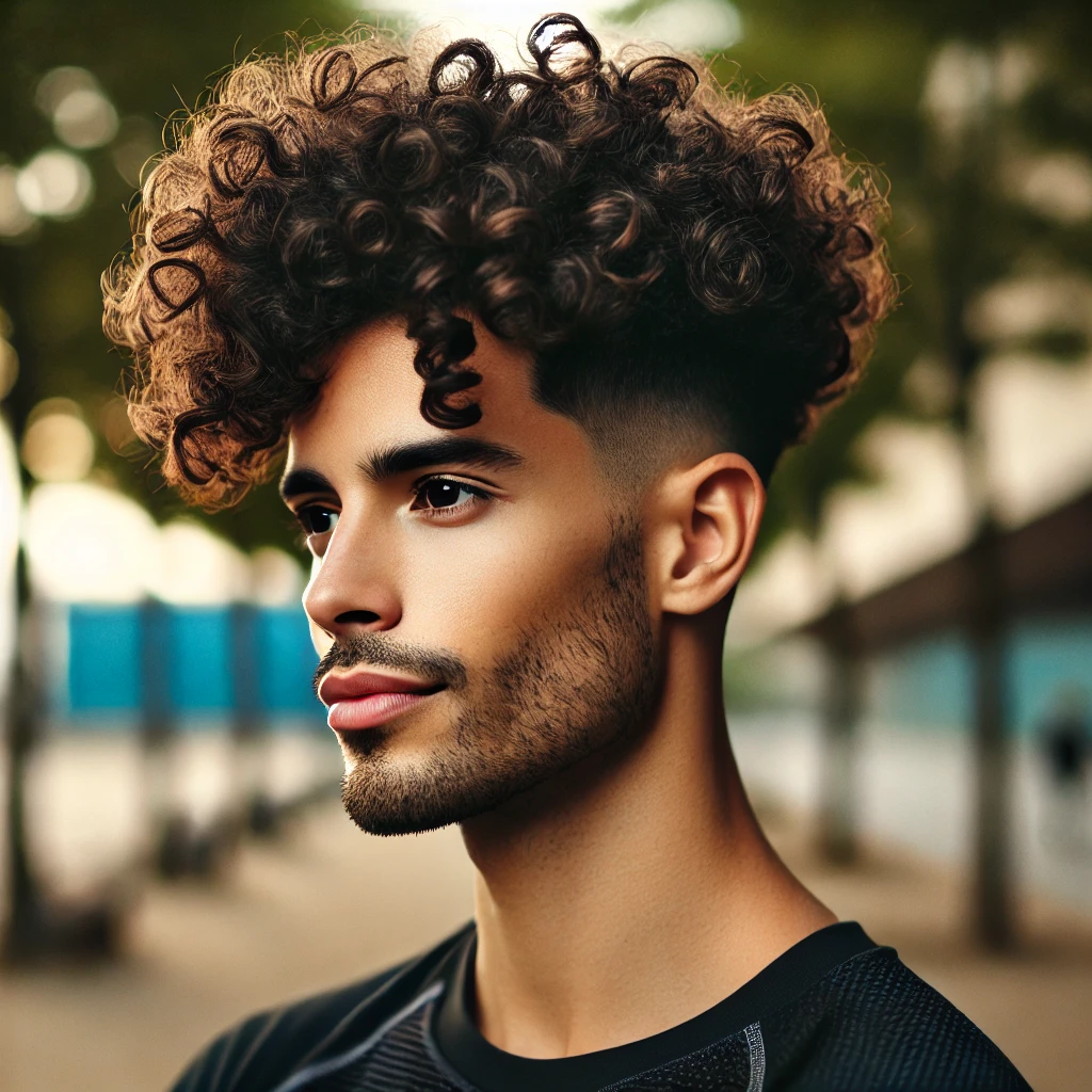 A Latino man with naturally curly hair styled into a Curly Fluffy Edgar Haircut featuring defined volume on top and clean faded sides, photographed outdoors.
