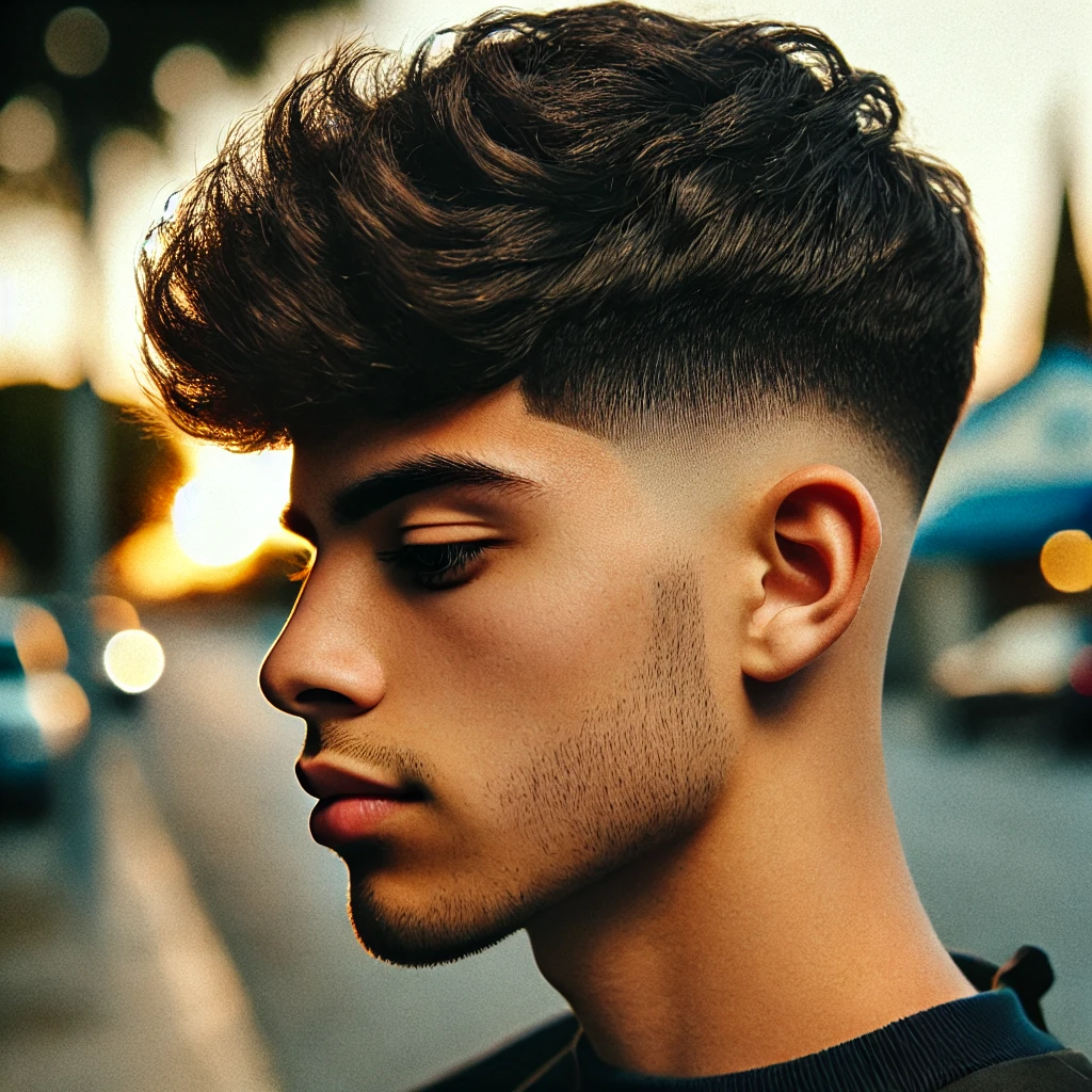A side profile of a young Latino man with a Taper Fluffy Edgar Haircut showing textured volume on top and a clean taper fade down the sides, shot during golden hour.