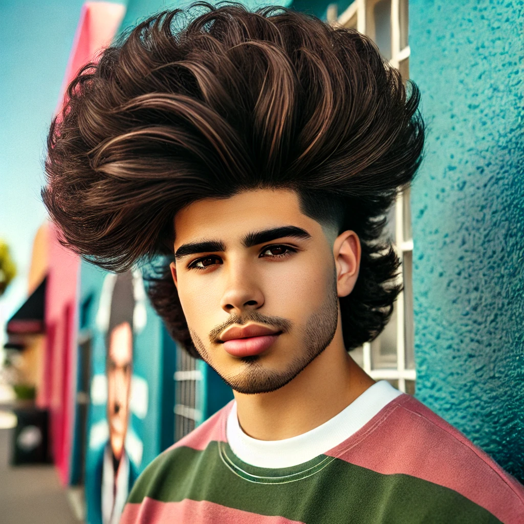 A young Latino man with thick, dramatically voluminous layers styled in a bold Big Fluffy Edgar Haircut, posing confidently in front of a colorful wall.