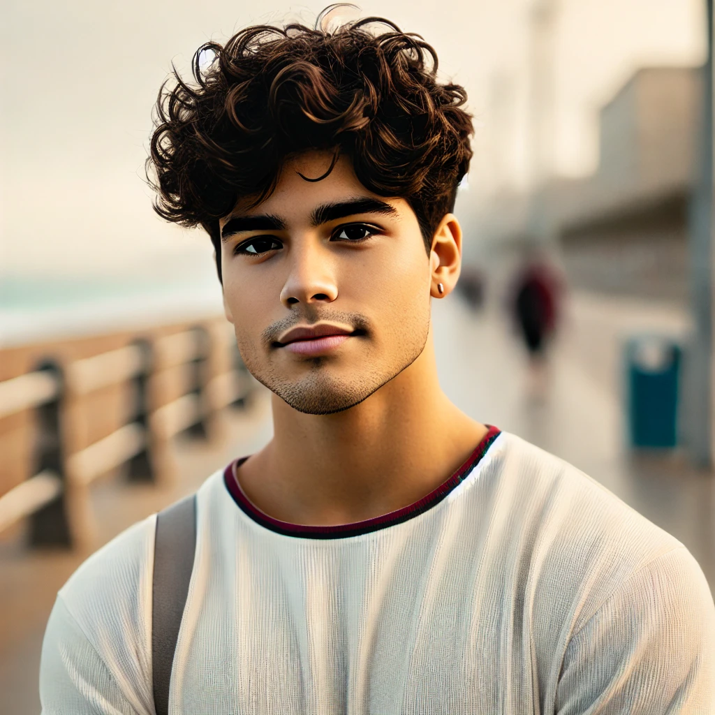 A young Latino man with naturally wavy, layered hair styled into a Wavy Fluffy Edgar Cut, standing on a beachside boardwalk in casual fashion.