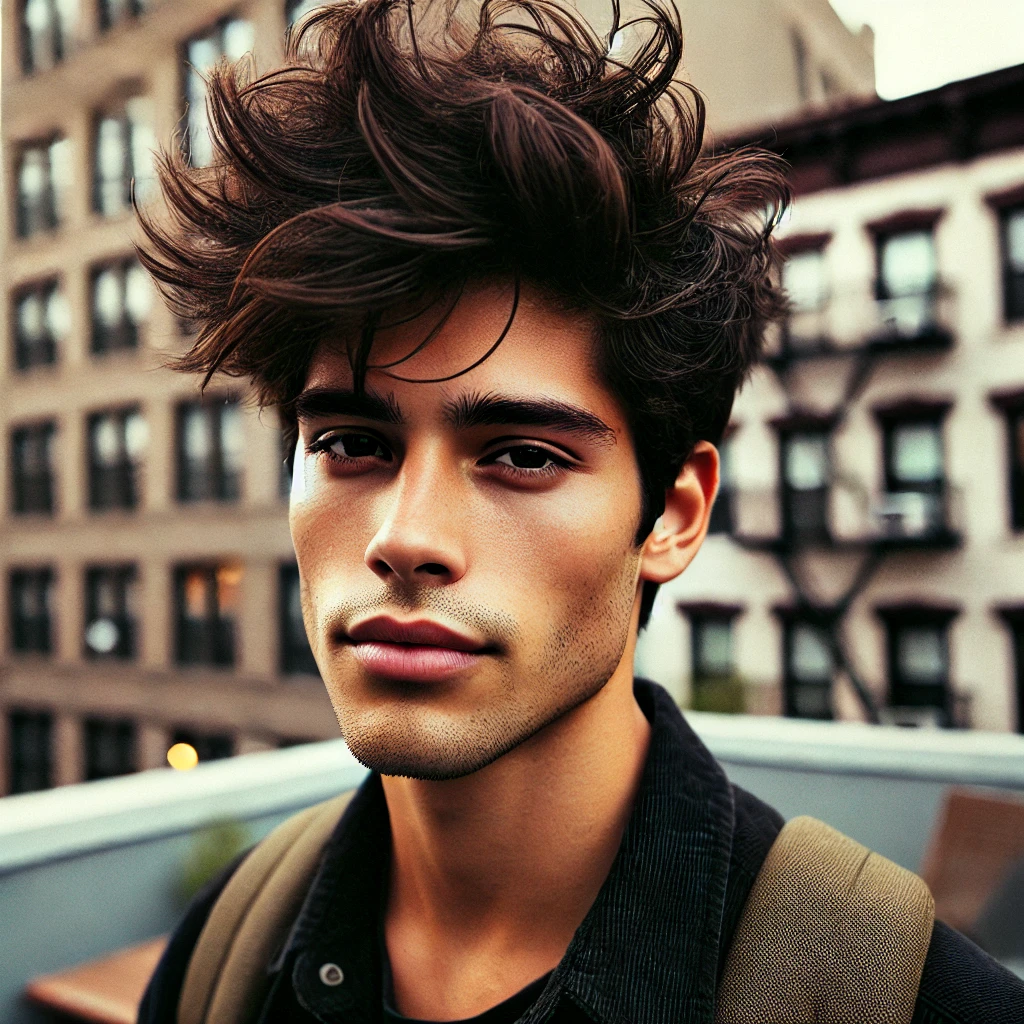 A young Latino man with tousled, unstructured hair in a Messy Fluffy Edgar Cut with a casual urban rooftop background and clean faded sides.