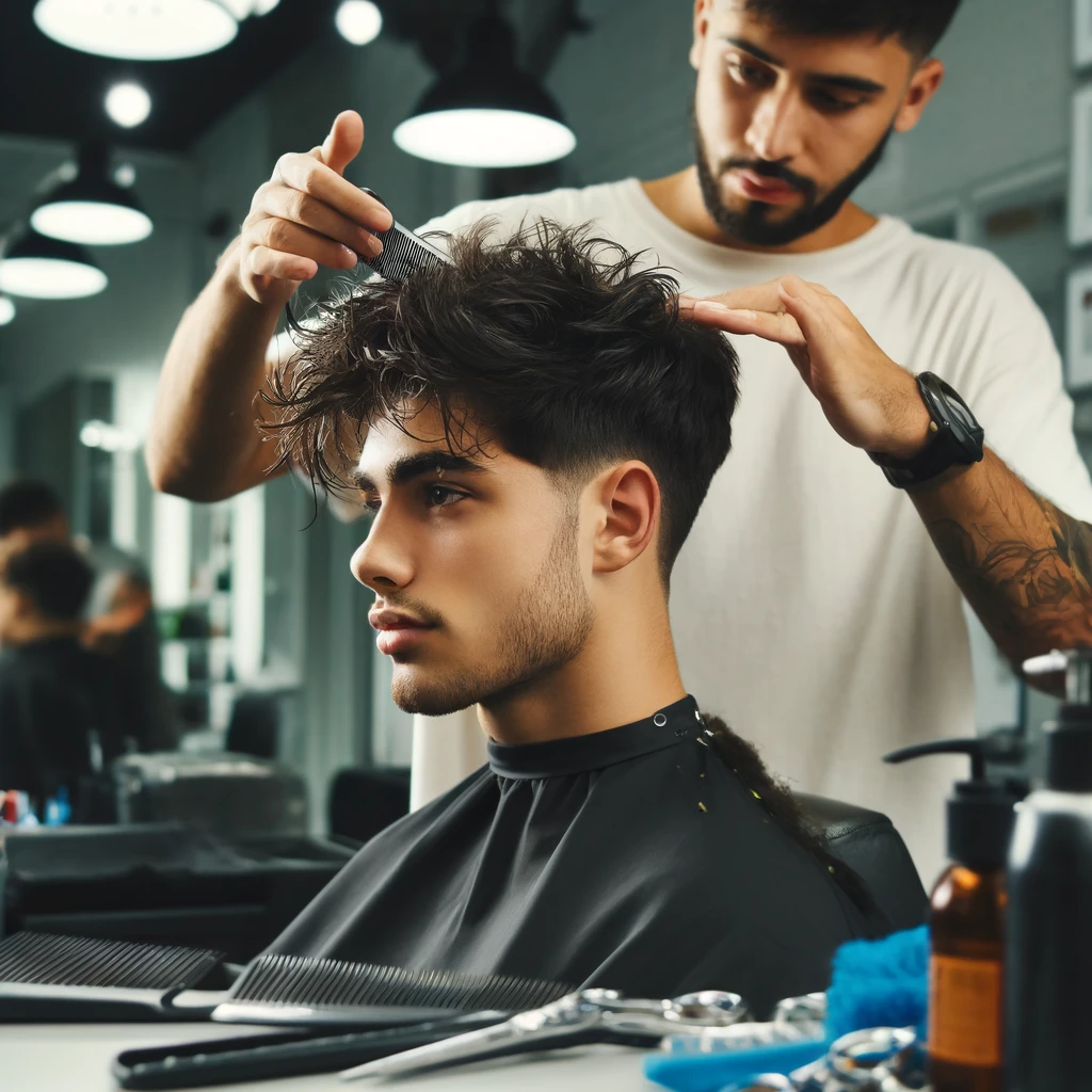 A barber styles a young Latino man's hair into a Fluffy Edgar Cut using clippers and a blow dryer, captured in a bright barbershop with haircut tools visible.