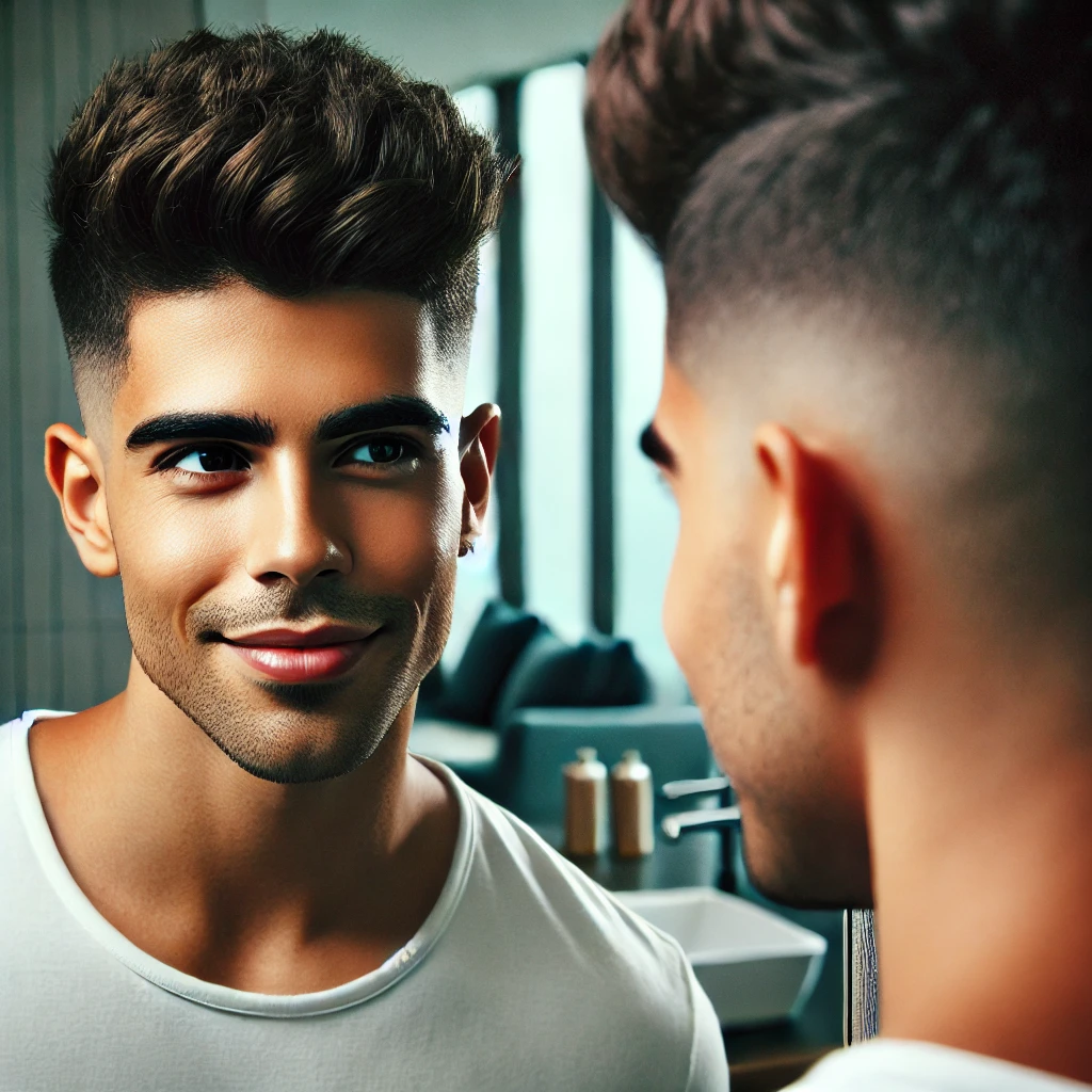A confident young Latino man admires his finished Fluffy Edgar Haircut in the mirror, with voluminous texture and clean faded sides in a modern setting.