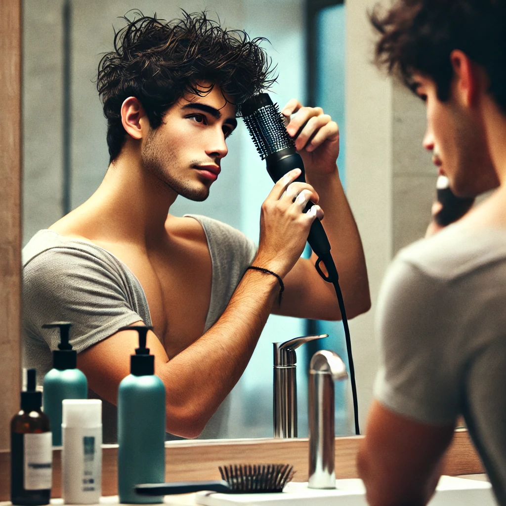 A young Latino man stands in front of a mirror combing his wet bangs down while prepping for a Fluffy Edgar Haircut, with styling products and a blow dryer on the sink.