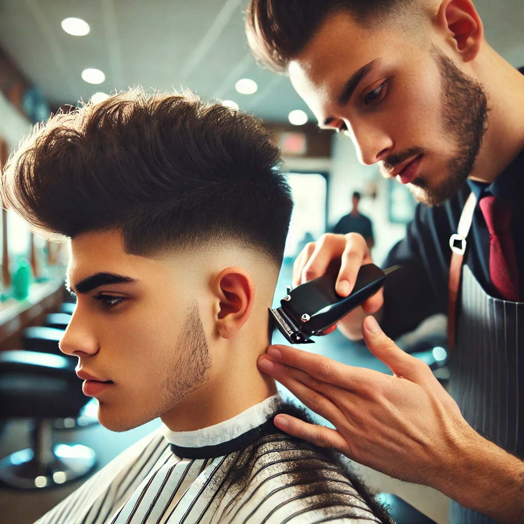 A barber uses clippers to create sharp side guidelines while cutting a young Latino man's hair into a Fluffy Edgar style in a bright, modern barbershop.