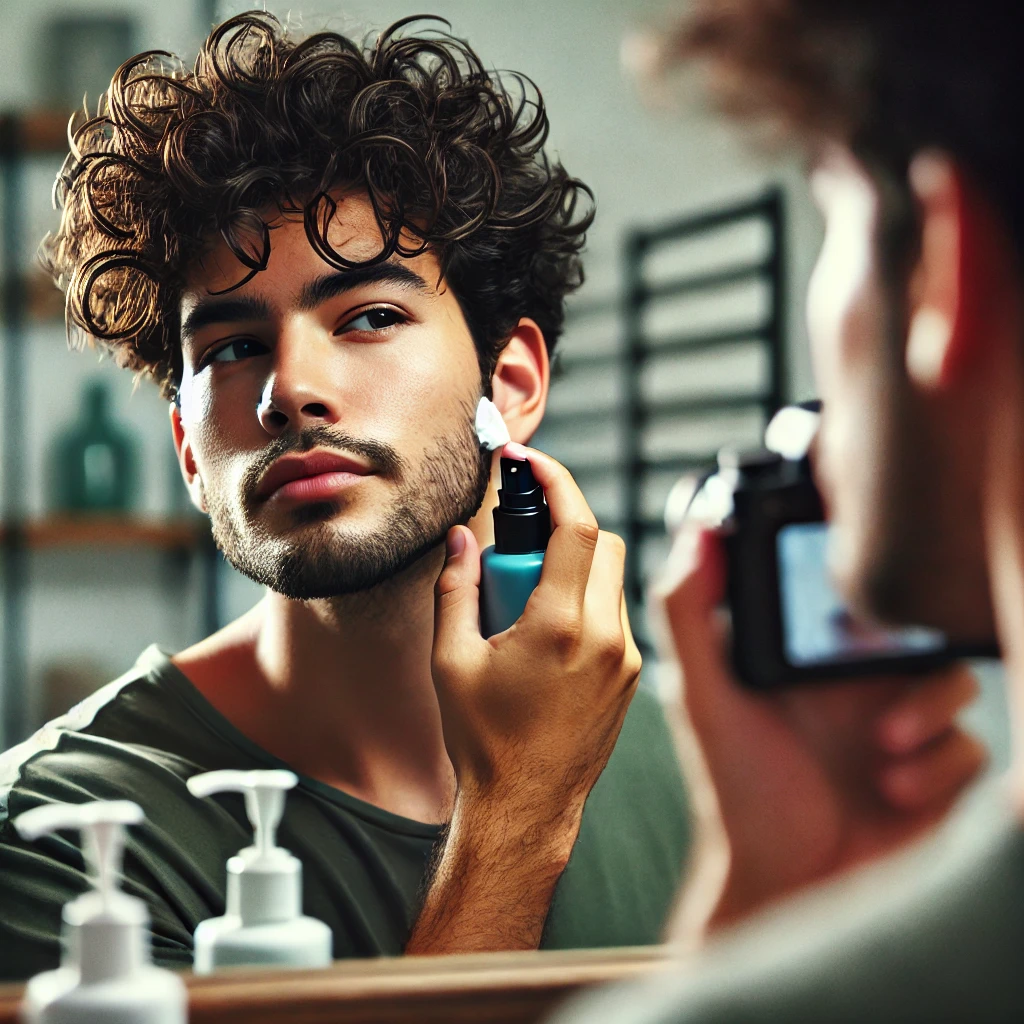 A young Latino man applies curl-enhancing cream while styling his Fluffy Edgar Haircut in front of a mirror at home, maintaining soft volume and defined texture.