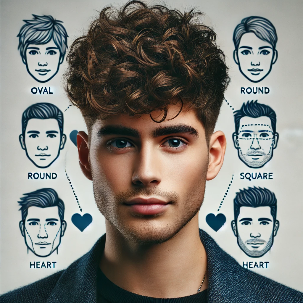 Confident young man with a fluffy Edgar haircut, standing against a backdrop of outlined face shapes (oval, round, square, heart), highlighting the hairstyle’s versatility for all facial structures.