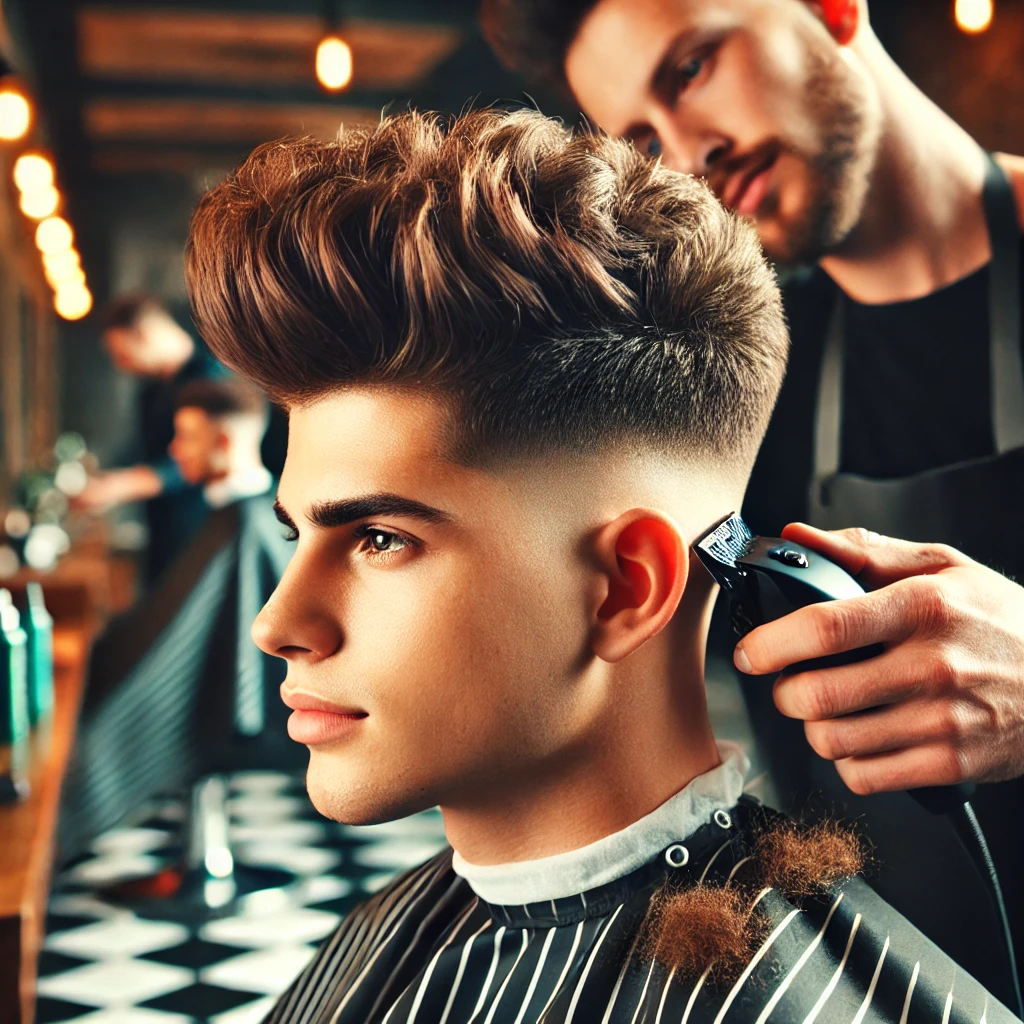 Barber giving a stylish taper fluffy Edgar haircut to a young man, featuring a smooth fade from the textured top to clean sides, captured in a modern barbershop with warm lighting.