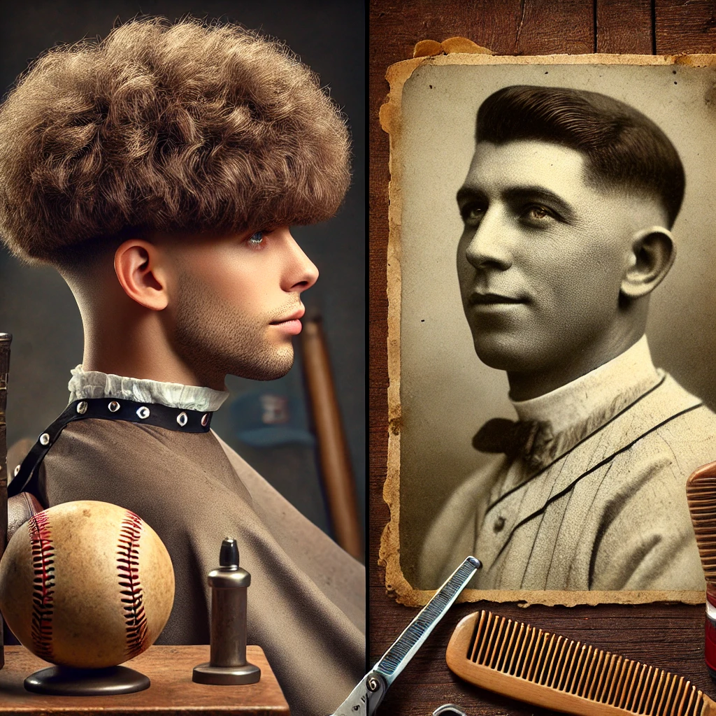 Side-by-side view of a modern textured fluffy Edgar haircut and a vintage photo of a baseball player symbolizing Edgar Martinez, blending classic baseball influence with shag-inspired style.
