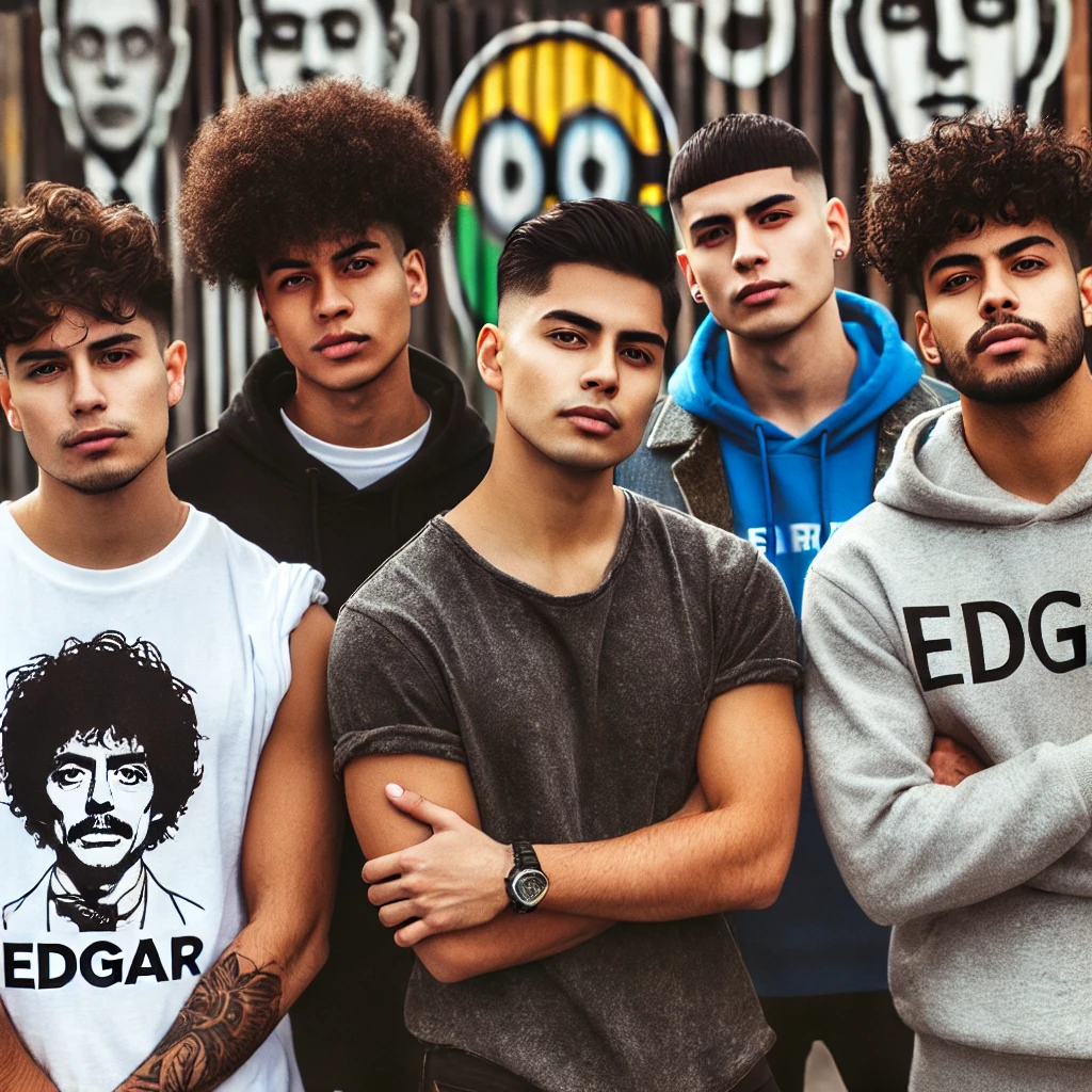 A diverse group of young men showcasing fluffy Edgar, low taper, Mexican Edgar, and burst fade versions of the haircut, standing confidently in a streetwear-style urban photo shoot.