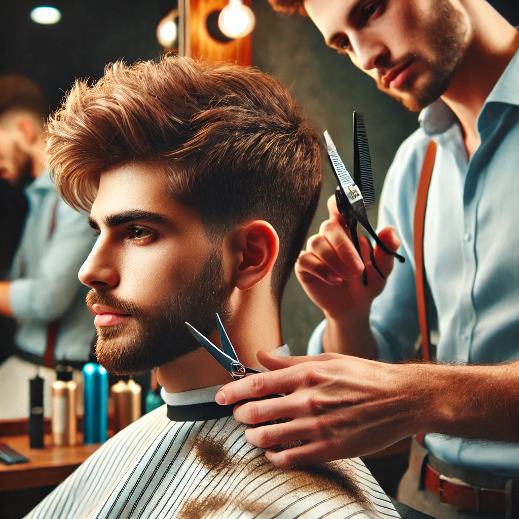 :
A professional barber adding final touches to a client’s fluffy Edgar haircut using scissors and clippers in a modern grooming studio, focusing on texture and personalized styling.