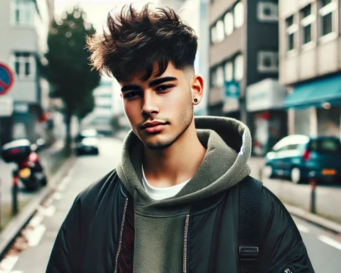 Young Latino man with a messy Edgar haircut and urban streetwear in an outdoor setting