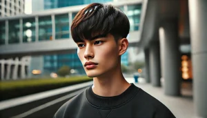 Young Asian man with a structured Edgar haircut featuring textured bangs and tapered sides, standing in a modern city