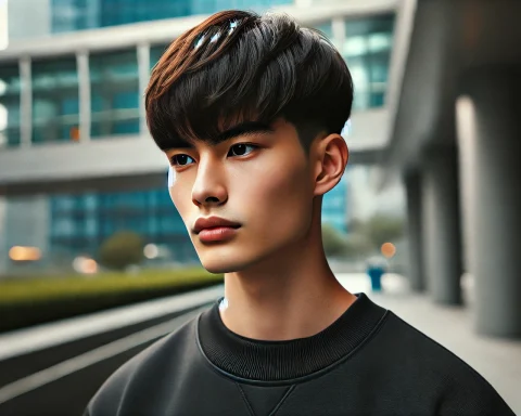 Young Asian man with a structured Edgar haircut featuring textured bangs and tapered sides, standing in a modern city