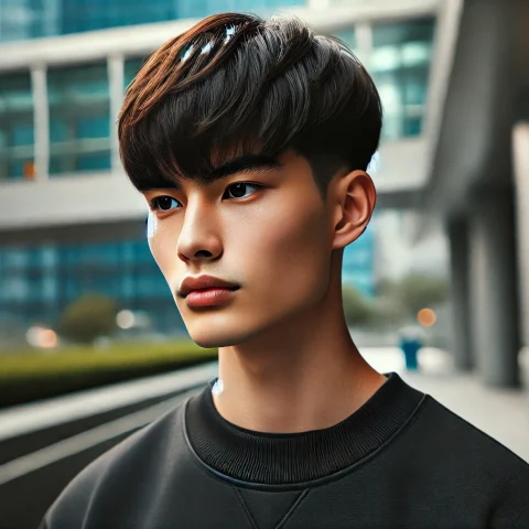 Young Asian man with a structured Edgar haircut featuring textured bangs and tapered sides, standing in a modern city