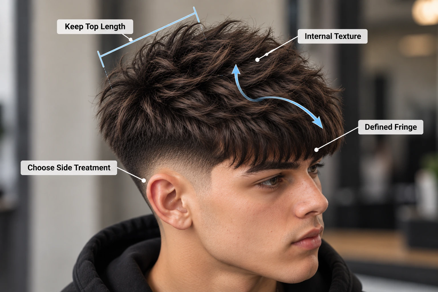 Fluffy Edgar barber reference showing top length, internal texture, defined fringe and side treatment