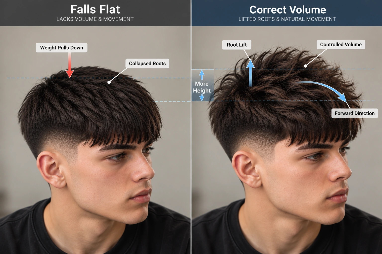 Fluffy Edgar comparison showing collapsed heavy hair versus correct root lift and controlled volume