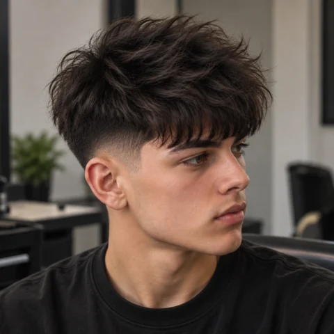 Fluffy Edgar haircut with lifted textured volume and a defined forward fringe