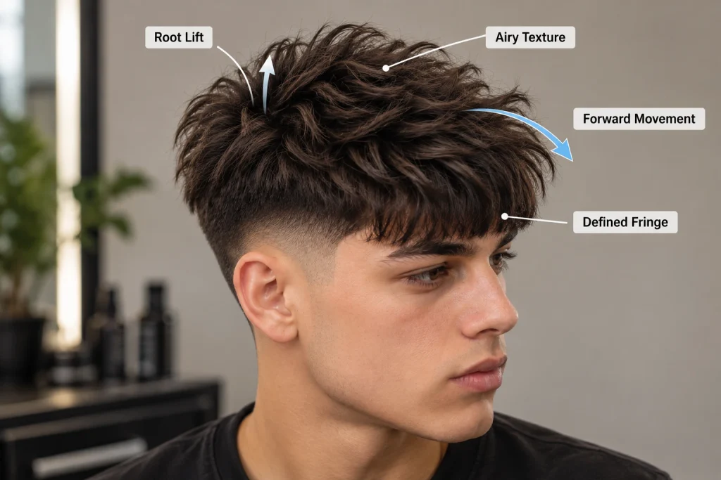 Fluffy Edgar haircut anatomy showing root lift, airy texture, forward movement and defined fringe    