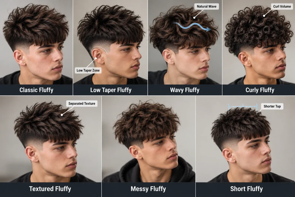 Fluffy Edgar haircut styles including classic, low taper, wavy, curly, textured, messy and short variations