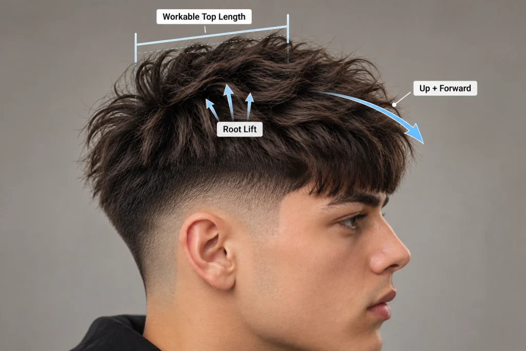 Fluffy Edgar haircut showing workable top length, root lift and forward hair movement
