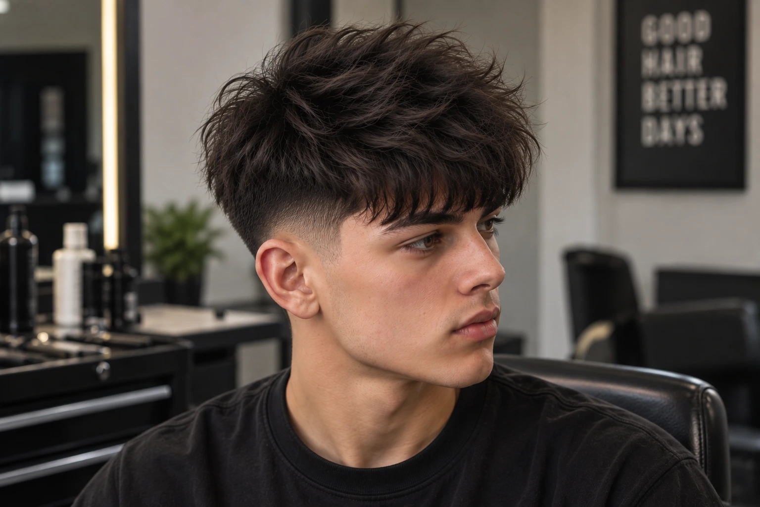 Fluffy Edgar haircut with lifted textured volume and a defined forward fringe