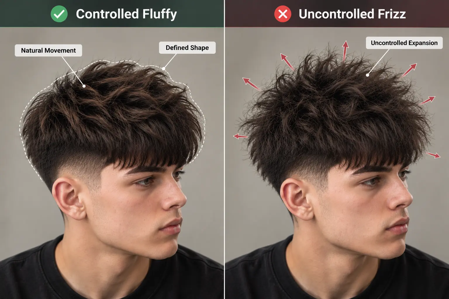 Fluffy Edgar comparison showing controlled airy volume versus uncontrolled frizz
