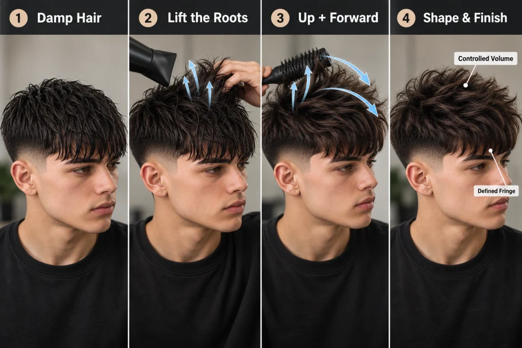 Four-step Fluffy Edgar styling guide showing root lift and forward hair direction
