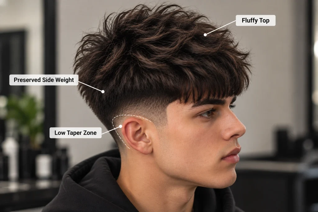 Low Taper Fluffy Edgar haircut showing the low taper zone, preserved side weight and voluminous top