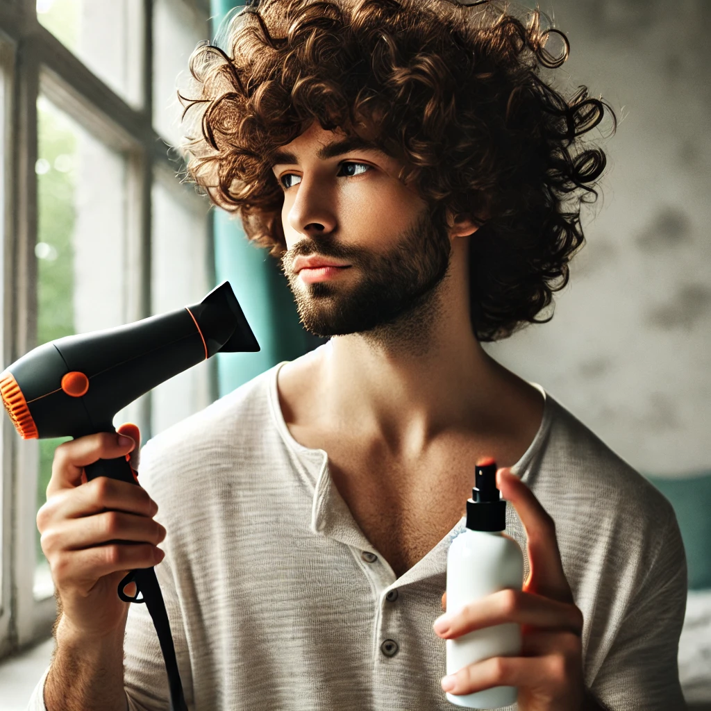 Man using heat protectant before styling his curly Edgar haircut with a blow dryer.