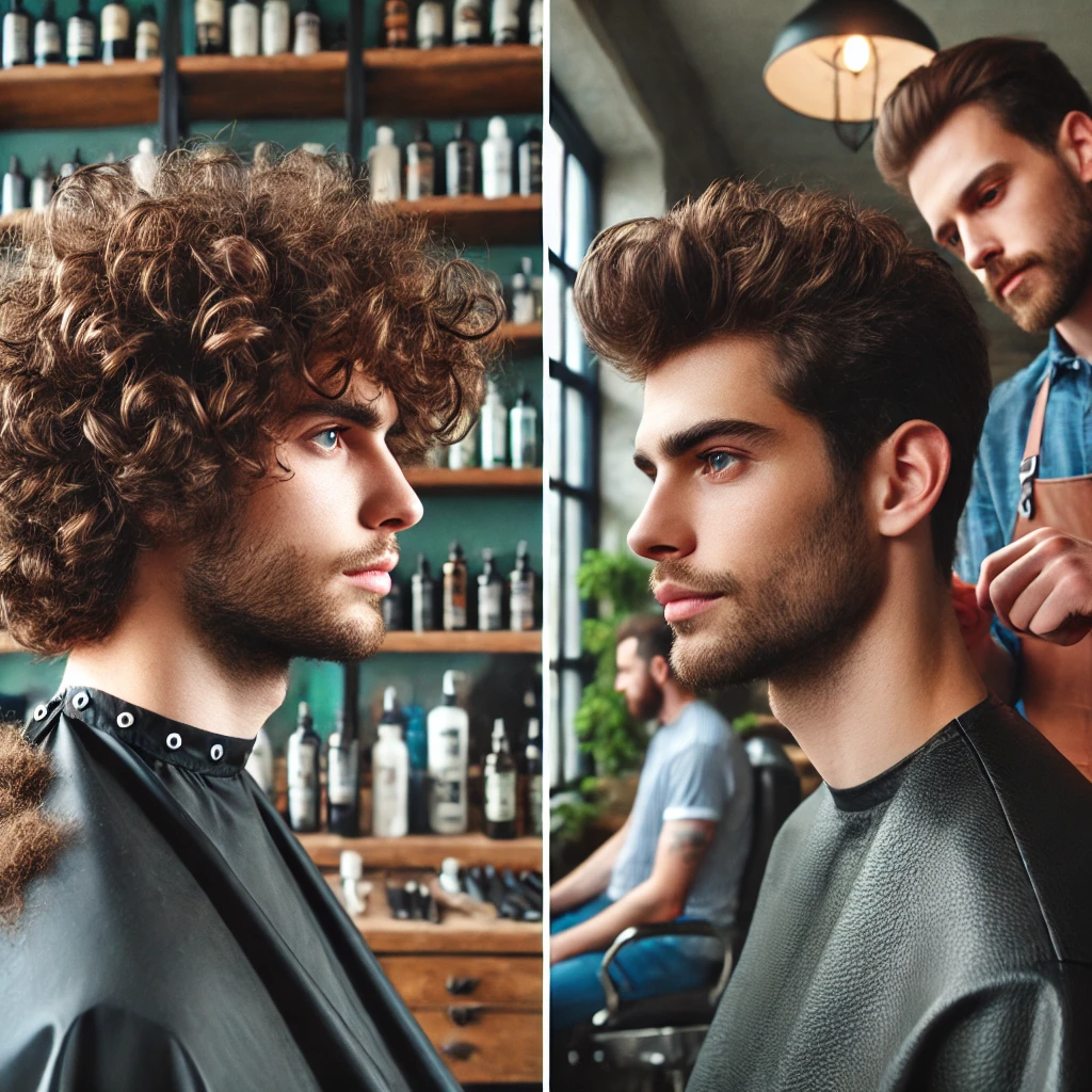 Transformation from unstyled curls to a defined fluffy Edgar haircut in a barber consultation.