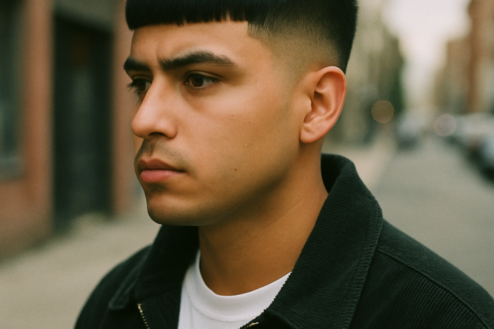 A serious young Latino man standing in profile on a city street, showcasing a clean Low Taper Edgar haircut. His blunt fringe and sharply tapered fade near the neckline are captured in soft natural light, with a shallow depth of field and subtle film grain effect, wearing a black corduroy jacket and white T-shirt.