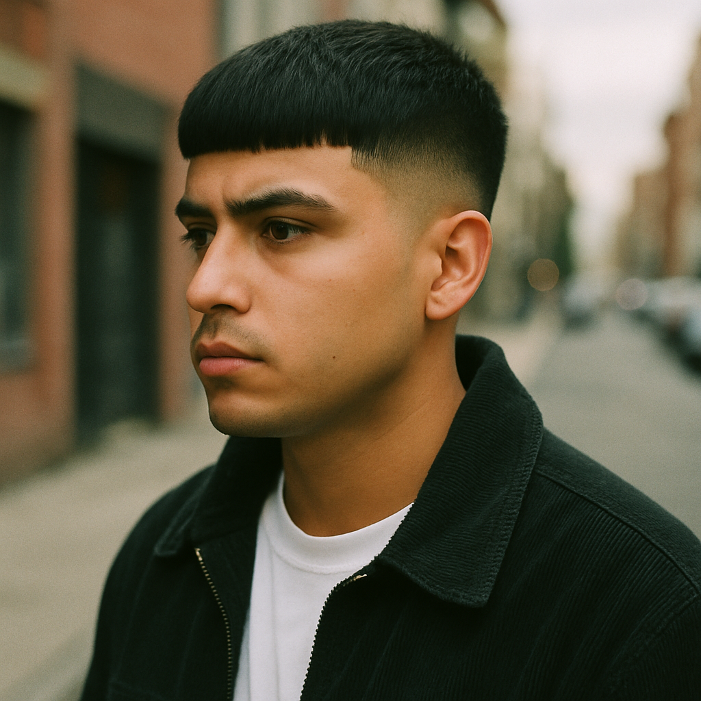 A serious young Latino man standing in profile on a city street, showcasing a clean Low Taper Edgar haircut. His blunt fringe and sharply tapered fade near the neckline are captured in soft natural light, with a shallow depth of field and subtle film grain effect, wearing a black corduroy jacket and white T-shirt.
