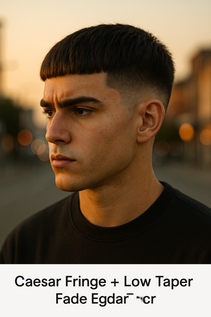A young man with a Caesar-style blunt fringe and cleanly tapered sides. His dark hair is shaped with sharp detail, and his structured fringe is highlighted by warm golden-hour sunlight. The background is softly blurred, emphasizing his defined facial features.