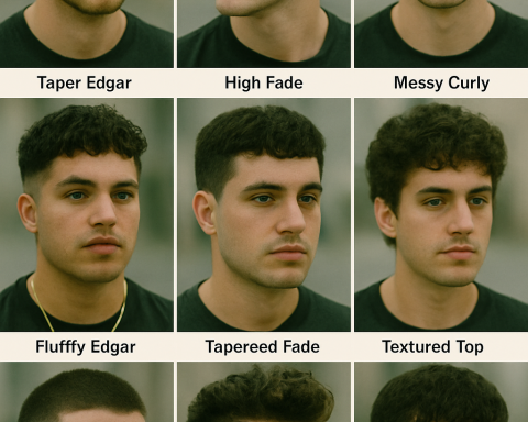 Collage of nine curly-haired men each sporting a different Edgar haircut variation with various fade types.