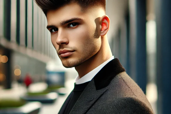 Young man with Edgar haircut posing in urban setting – clean fade and blunt fringe