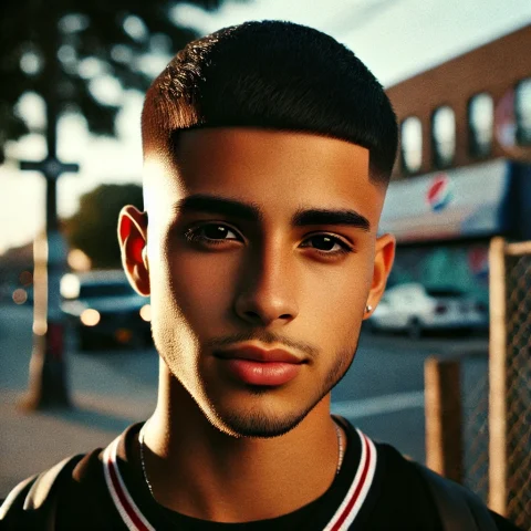 Latino man with a modern Edgar haircut posing confidently outdoors in an urban setting, featuring sharp fade sides and a blunt fringe. Captured during golden hour with streetwear fashion.
