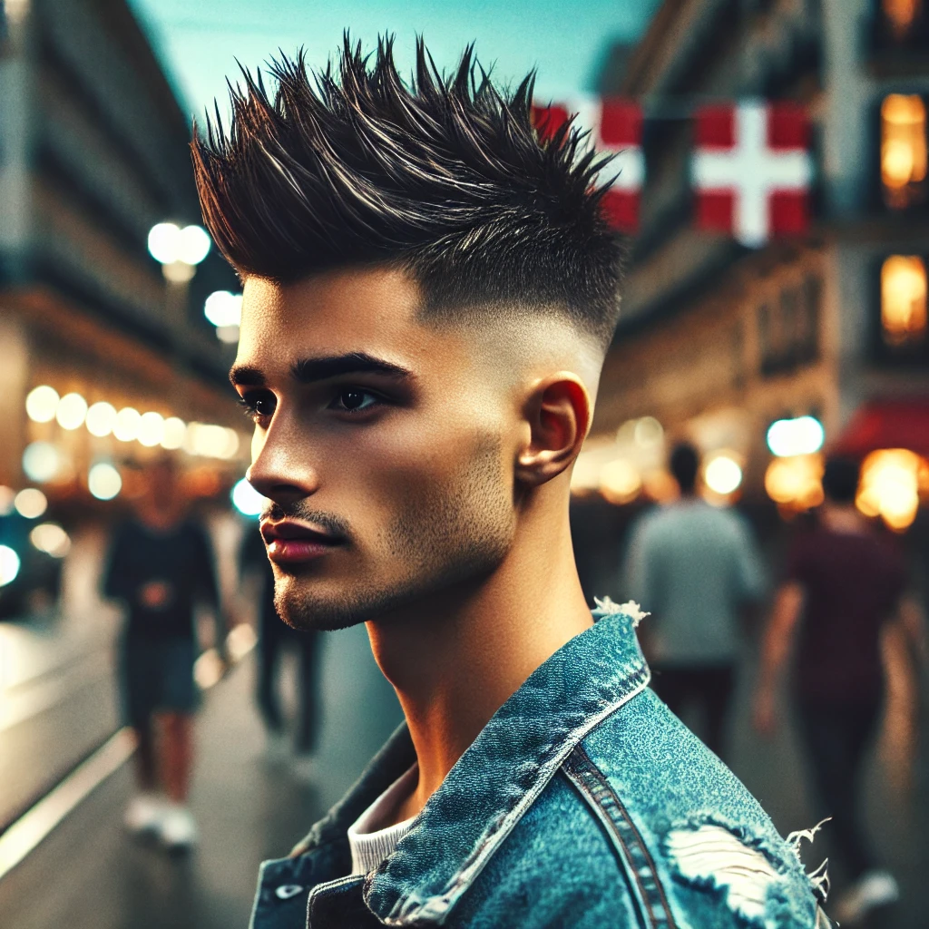 Young man with a Spiky Edgar haircut, featuring gelled spikes and a high skin fade. Wearing a denim jacket and jeans, standing on a city street at dusk with urban lights in the background.