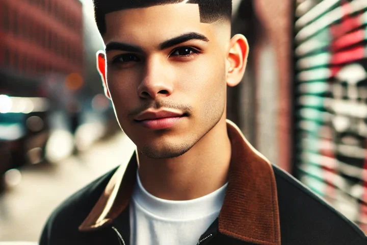 A confident Latino man with a sharp Edgar haircut, featuring a straight fringe and skin fade, standing in a graffiti-covered city street.