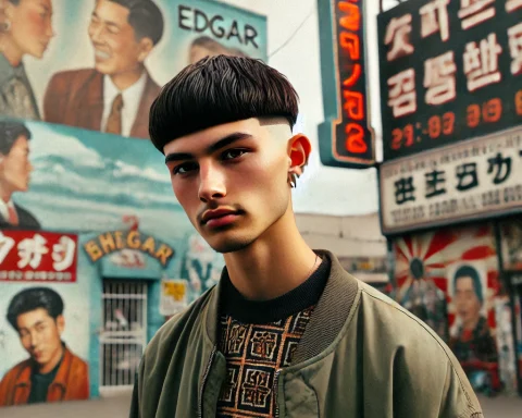Young man with an Edgar haircut wearing fusion fashion of Latino and East Asian styles, standing in front of a mural and neon signs.