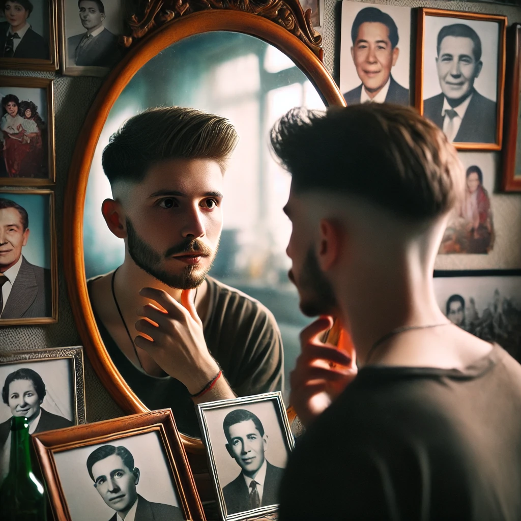 Young man with Edgar haircut reflects in a mirror surrounded by family photos and cultural memorabilia.
