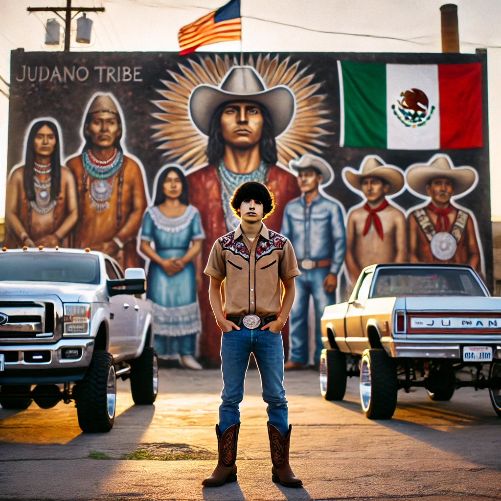 Man with Edgar haircut stands proudly near a mural honoring indigenous and Mexican-American heritage.
