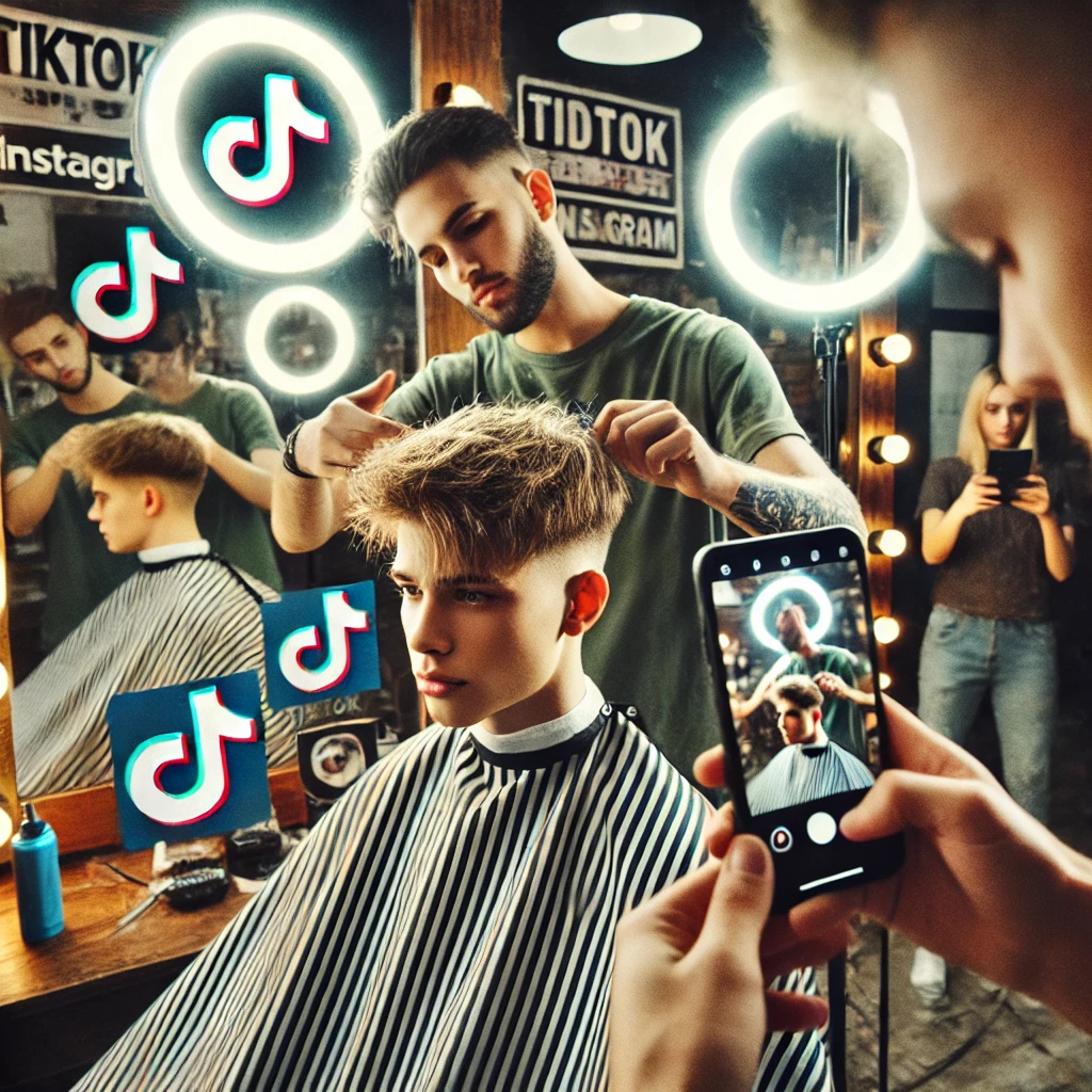Teen getting an Edgar haircut in a modern barbershop while friends film for social media.
