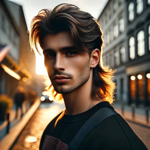 Confident young man with an Edgar Mullet haircut standing in the middle of a golden-hour-lit urban street, wearing minimal streetwear, with strong cinematic lighting and stylish hair flow.