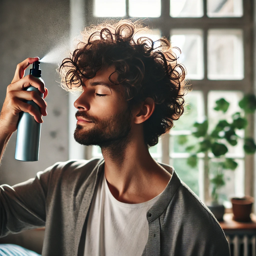 A man refreshing his curls with spray to maintain volume and bounce in an Edgar haircut.