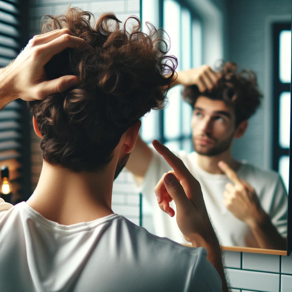 A man finger-styling his fluffy Edgar haircut in the mirror during his morning routine.